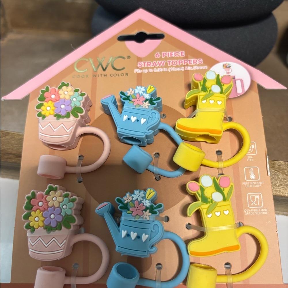 CWC Floral Watering Can & Planter Straw Toppers - Pink, Blue, Yellow